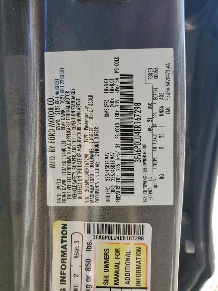 2014 Ford Fusion Se Hybrid VIN: 3FA6P0LU4ER167298 Lot: 65199175