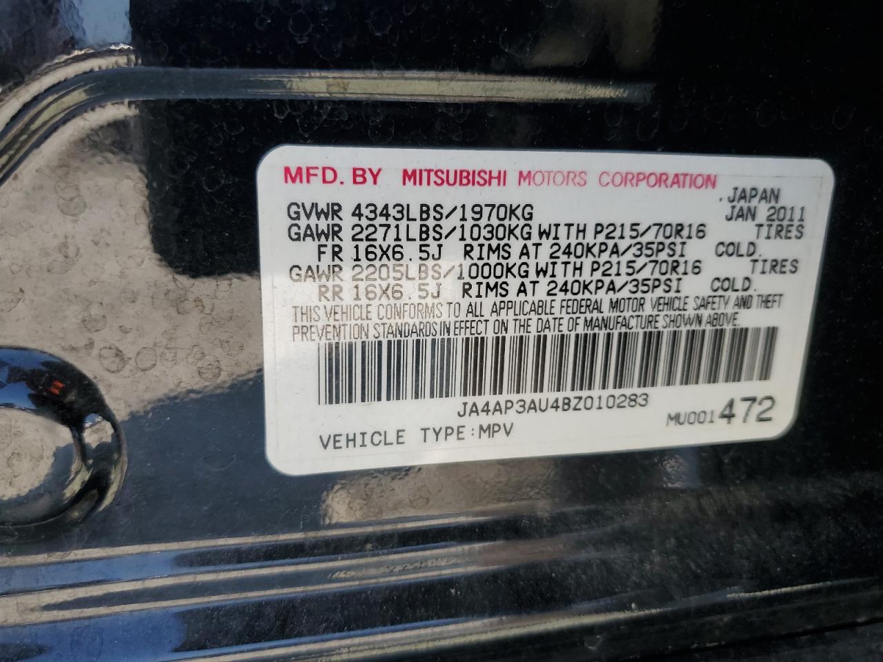 2011 Mitsubishi Outlander Sport Es VIN: JA4AP3AU4BZ010283 Lot: 64146765