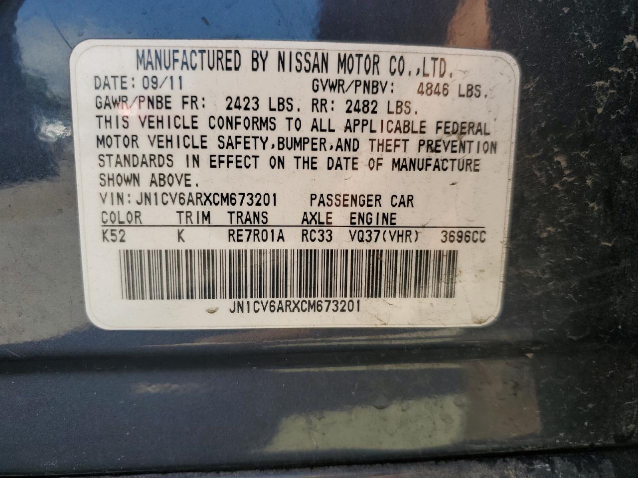 2012 Infiniti G37 VIN: JN1CV6ARXCM673201 Lot: 64091585