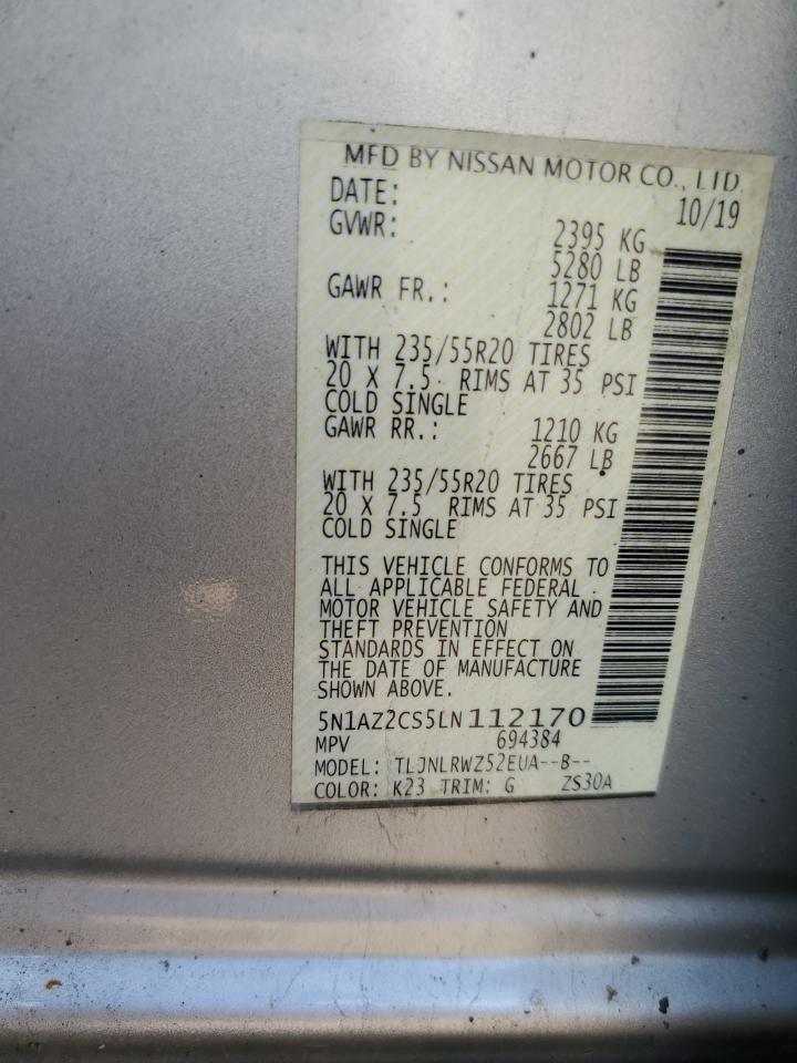 2020 Nissan Murano Sl VIN: 5N1AZ2CS5LN112170 Lot: 63985455