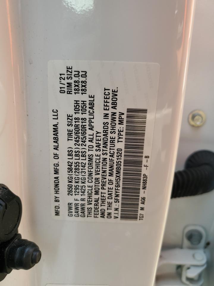 2021 Honda Pilot Exl VIN: 5FNYF6H5XMB051520 Lot: 64556795