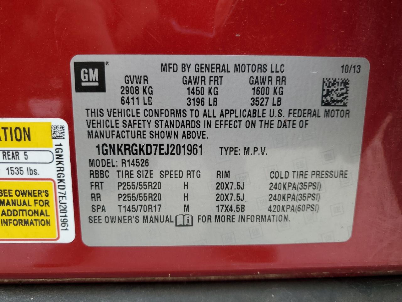 2014 Chevrolet Traverse Lt VIN: 1GNKRGKD7EJ201961 Lot: 63652355