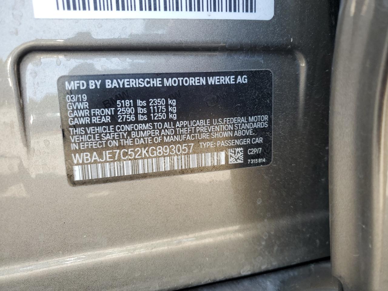 2019 BMW 540 Xi VIN: WBAJE7C52KG893057 Lot: 66627675