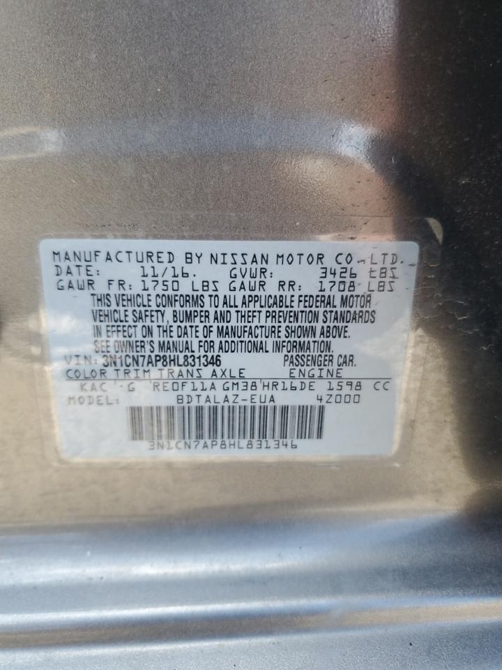 2017 Nissan Versa S VIN: 3N1CN7AP8HL831346 Lot: 66231455