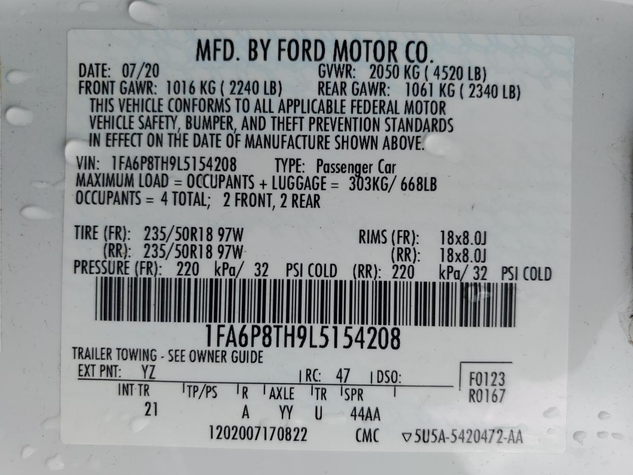 2020 Ford Mustang VIN: 1FA6P8TH9L5154208 Lot: 65248445