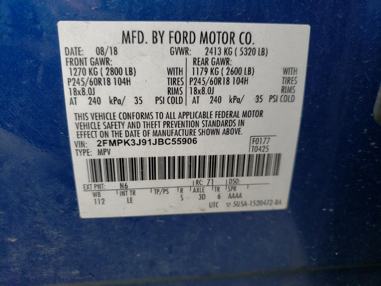 2018 Ford Edge Sel VIN: 2FMPK3J91JBC55906 Lot: 65263105