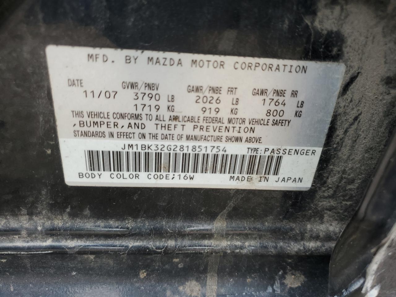 2008 Mazda 3 I VIN: JM1BK32G281851754 Lot: 64816235