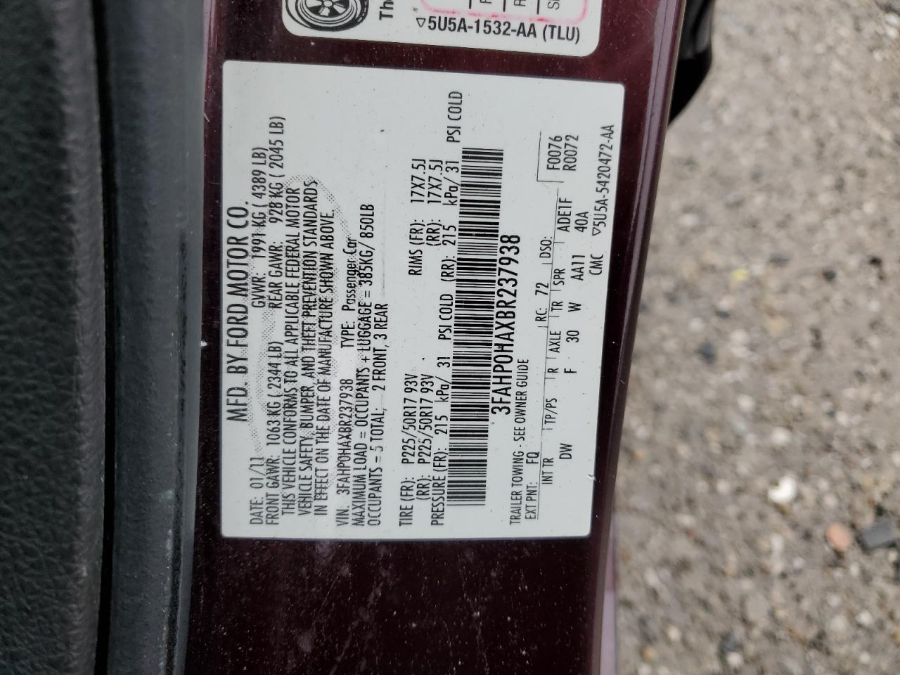 2011 Ford Fusion Se VIN: 3FAHP0HAXBR237938 Lot: 64813985