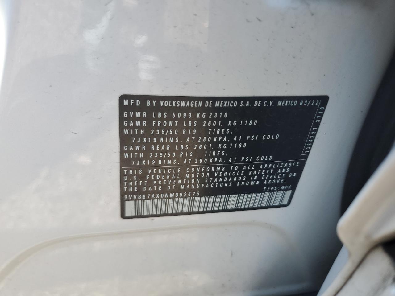 2022 Volkswagen Tiguan Se R-Line Black VIN: 3VV8B7AX0NM092475 Lot: 63985165