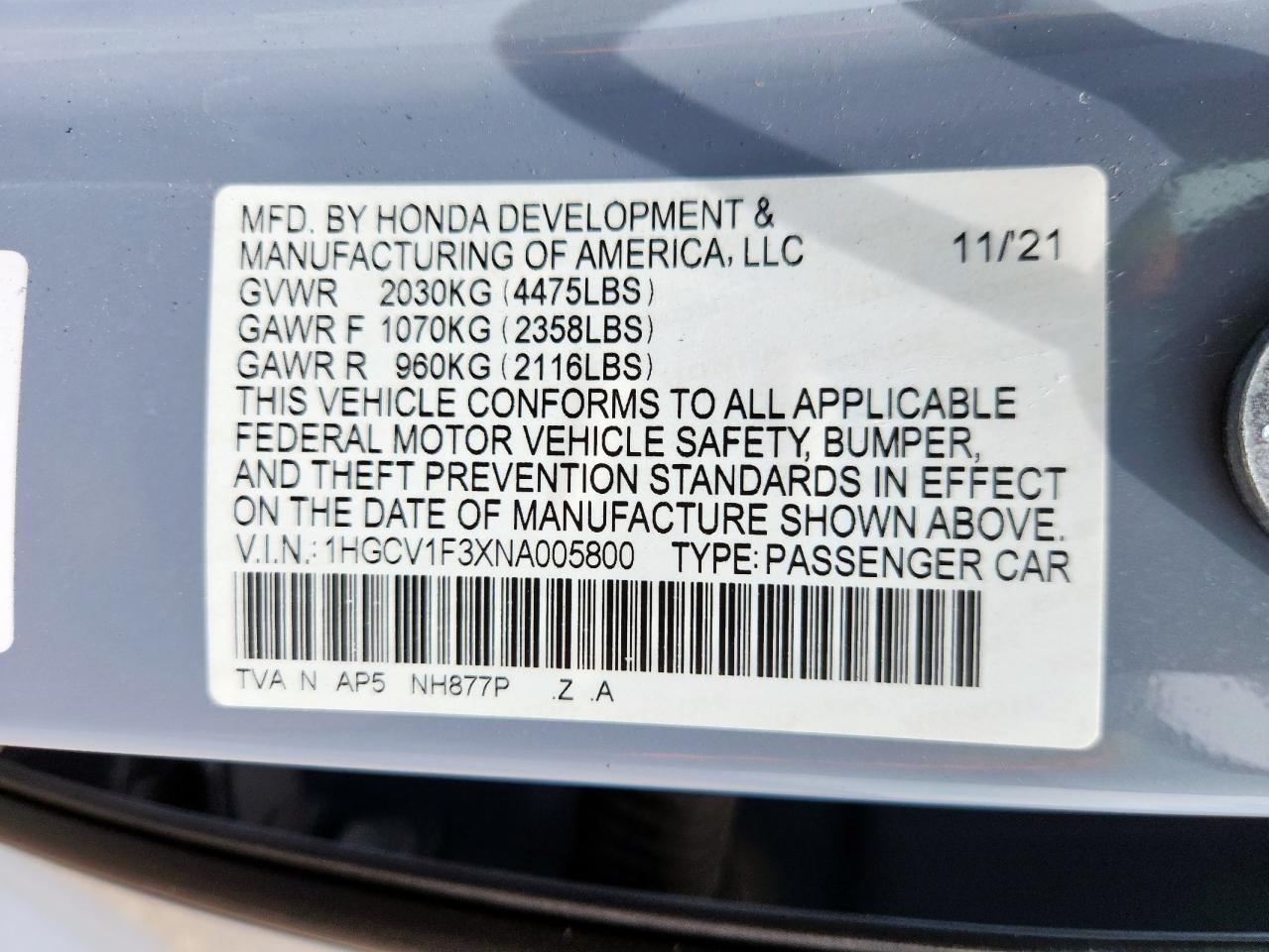 2022 Honda Accord Sport VIN: 1HGCV1F3XNA005800 Lot: 64938235