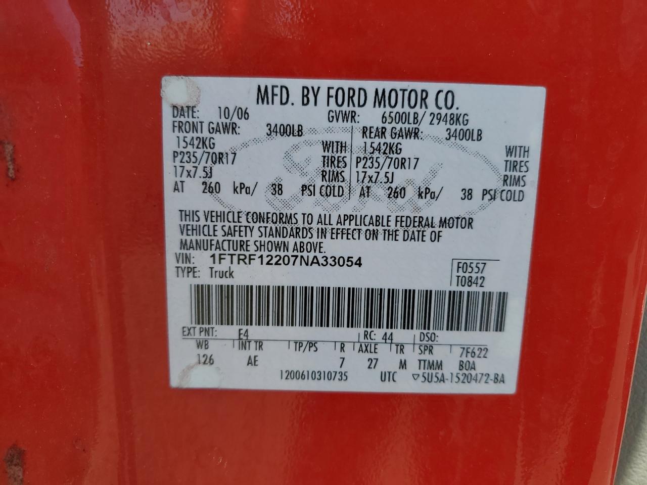 2007 Ford F150 VIN: 1FTRF12207NA33054 Lot: 65013245