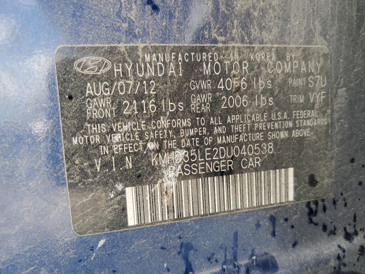 2013 Hyundai Elantra Gt VIN: KMHD35LE2DU040538 Lot: 62169655