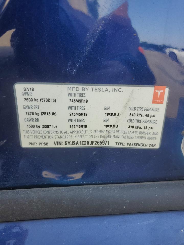 2018 Tesla Model S VIN: 5YJSA1E2XJF265971 Lot: 66884645