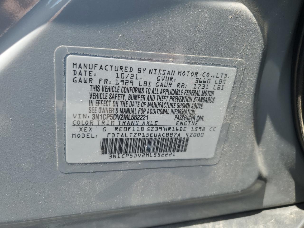 2021 Nissan Kicks Sr VIN: 3N1CP5DV2ML552221 Lot: 63579675