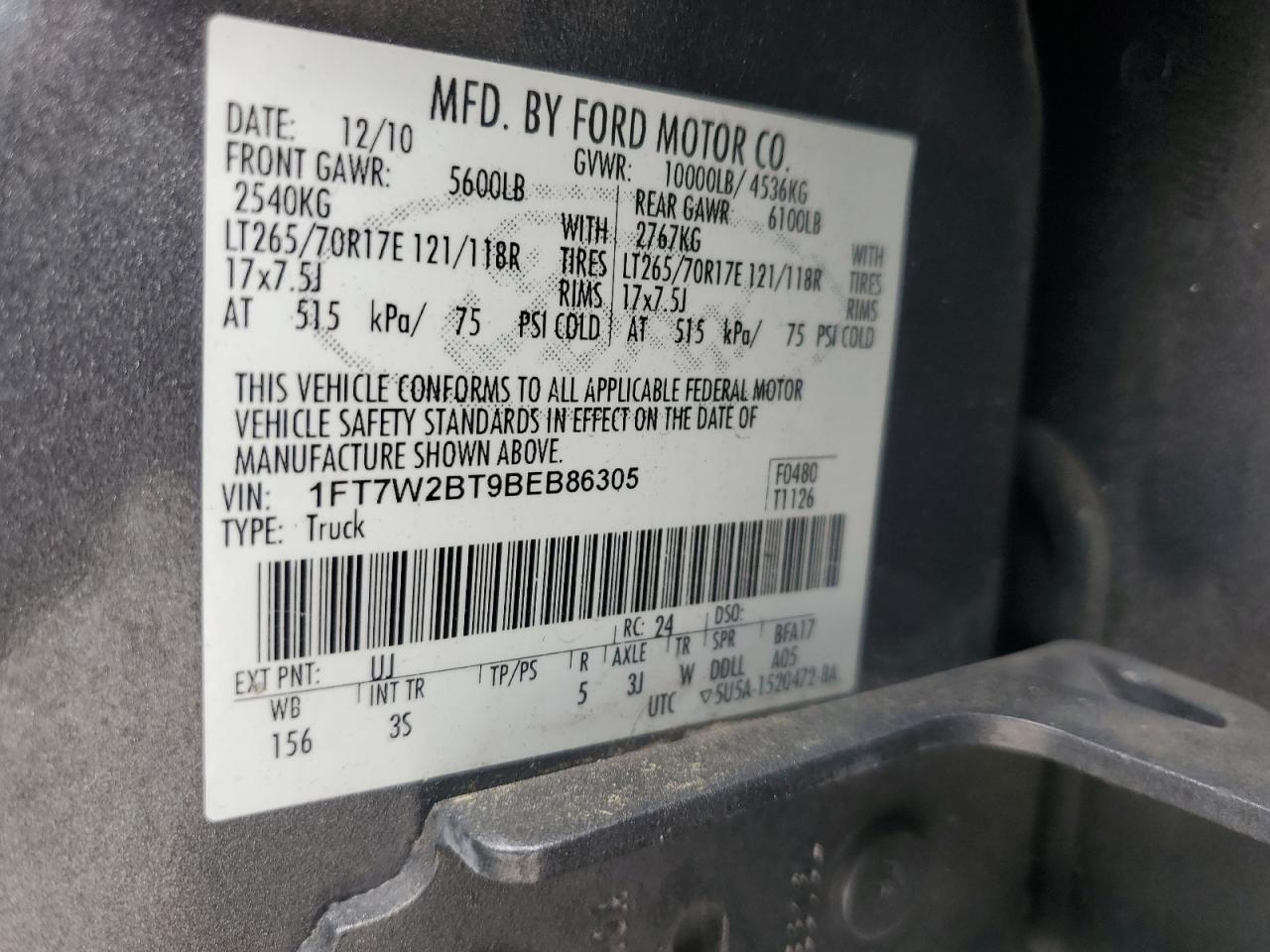 2011 Ford F250 Super Duty VIN: 1FT7W2BT9BEB86305 Lot: 65621715