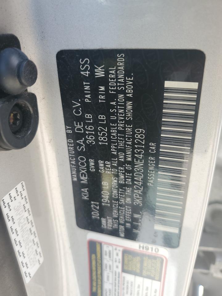 2022 Kia Rio Lx VIN: 3KPA24AD3NE431289 Lot: 63202725