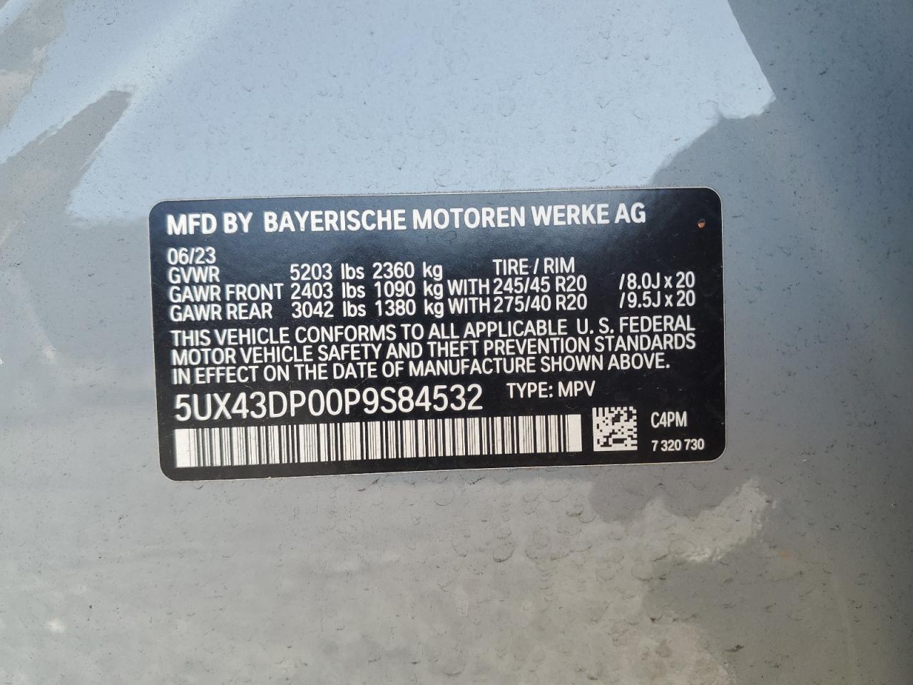 2023 BMW X3 Sdrive30I VIN: 5UX43DP00P9S84532 Lot: 64653505