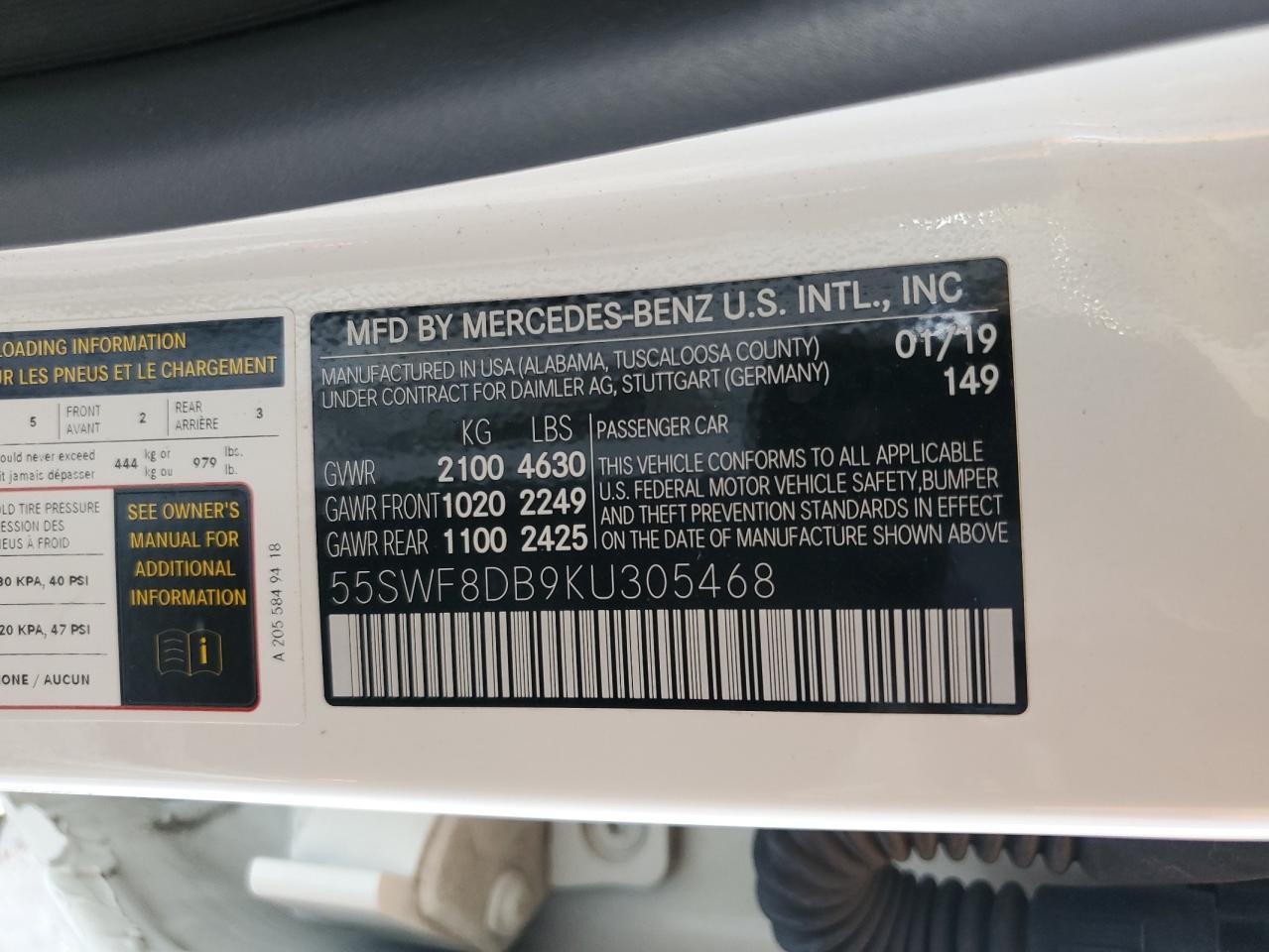 2019 Mercedes-Benz C 300 VIN: 55SWF8DB9KU305468 Lot: 63708675