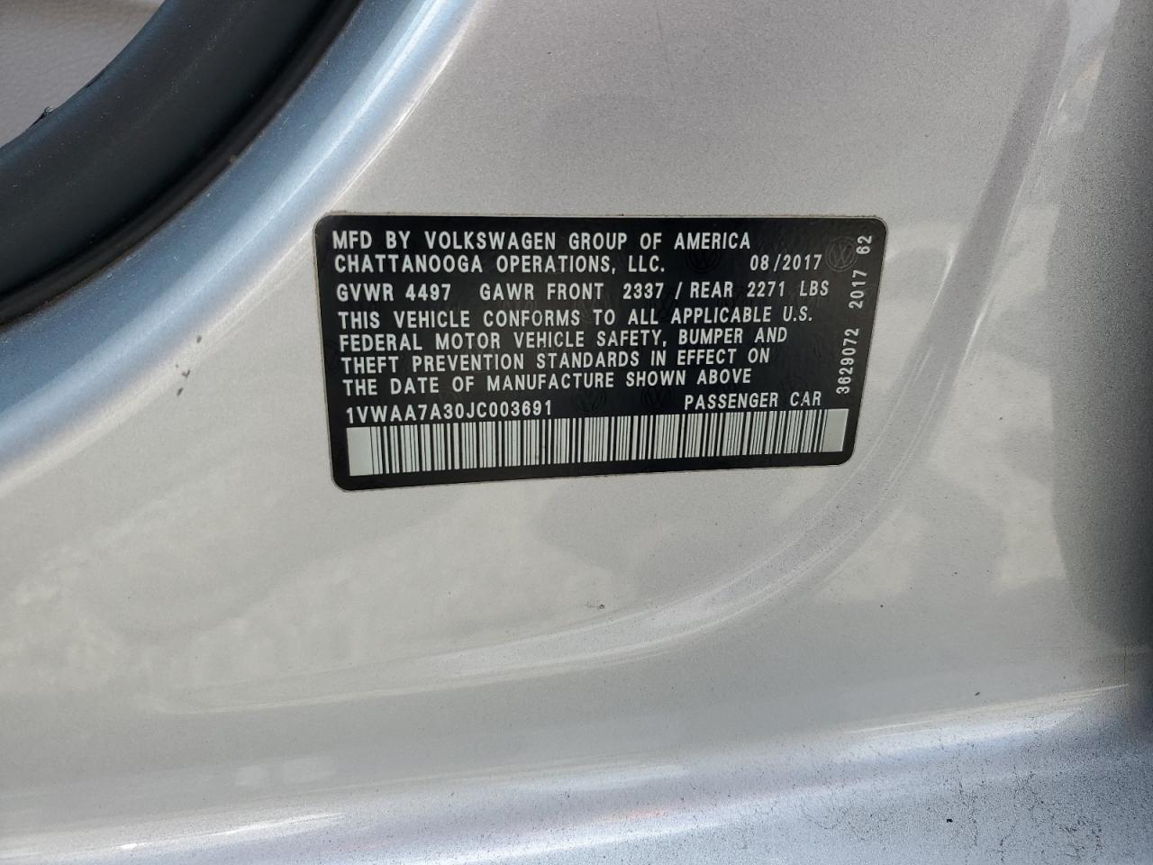 2018 Volkswagen Passat S VIN: 1VWAA7A30JC003691 Lot: 63257855