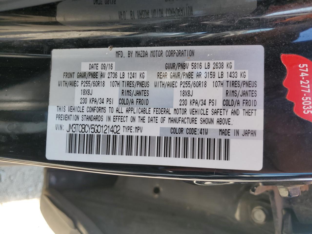 2016 Mazda Cx-9 Touring VIN: JM3TCBCY5G0121402 Lot: 63840805