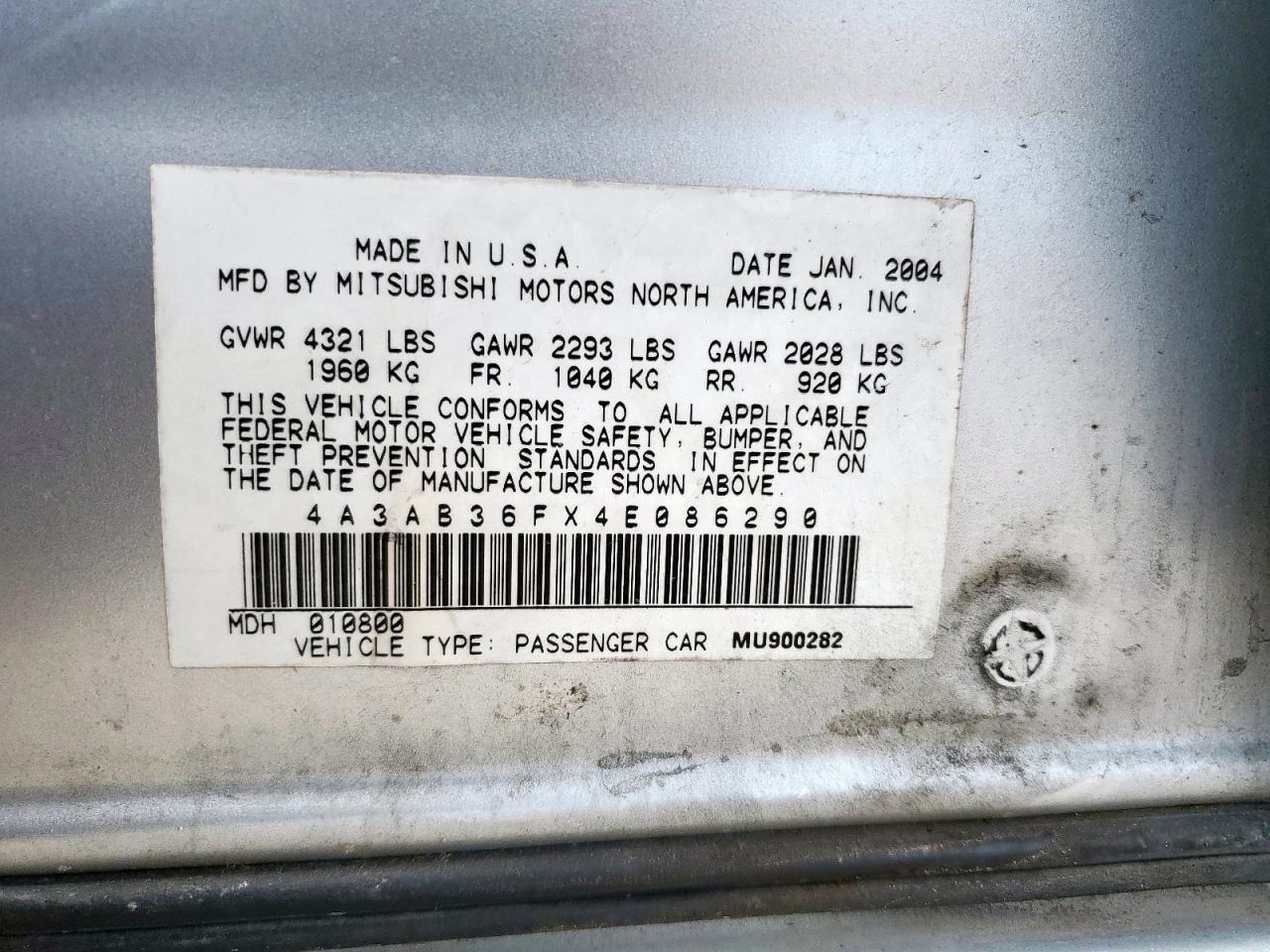 2004 Mitsubishi Galant Es Medium VIN: 4A3AB36FX4E086290 Lot: 63973625