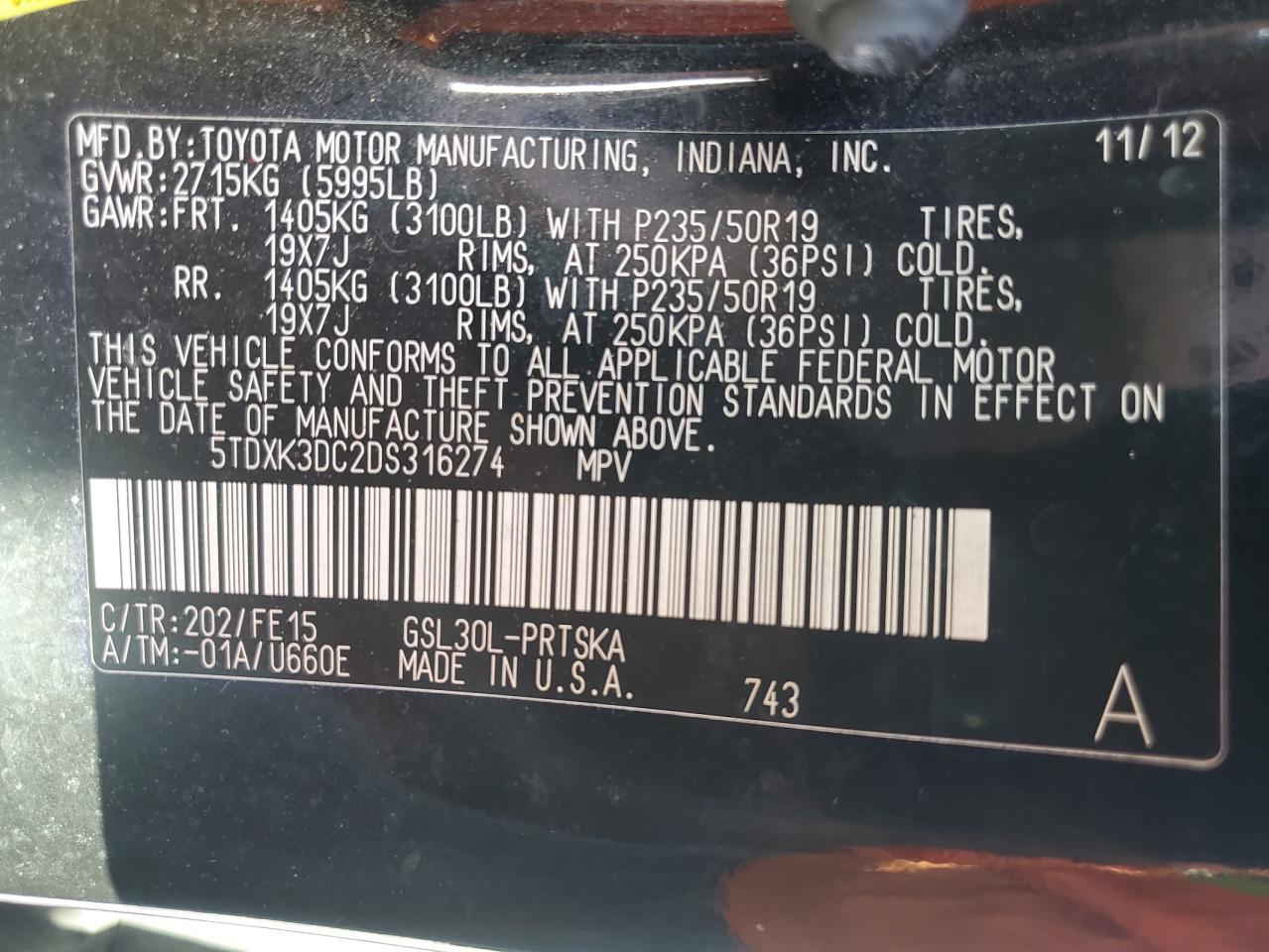 5tdxk3dc2ds316274 5TDXK3DC2DS316274 2013 Toyota Sienna Sport