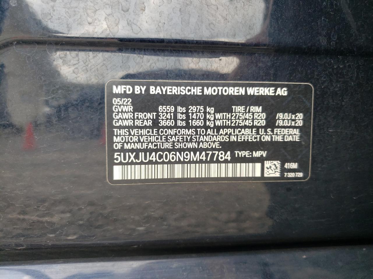 2022 BMW X5 M50I VIN: 5UXJU4C06N9M47784 Lot: 64387675