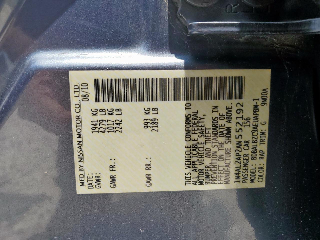 2010 Nissan Altima Base VIN: 1N4AL2AP2AN552192 Lot: 63033955