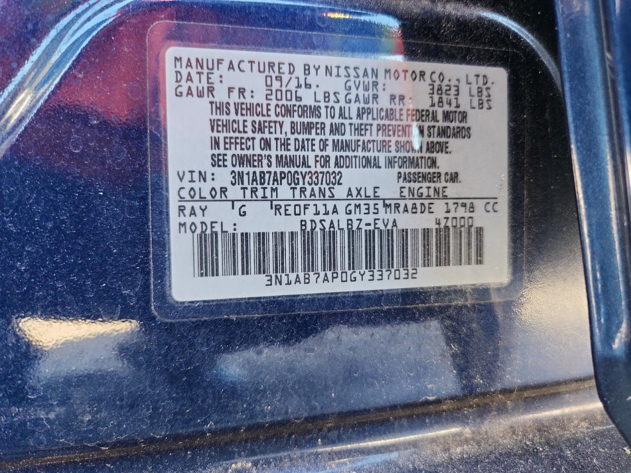 2016 Nissan Sentra S VIN: 3N1AB7AP0GY337032 Lot: 65372735