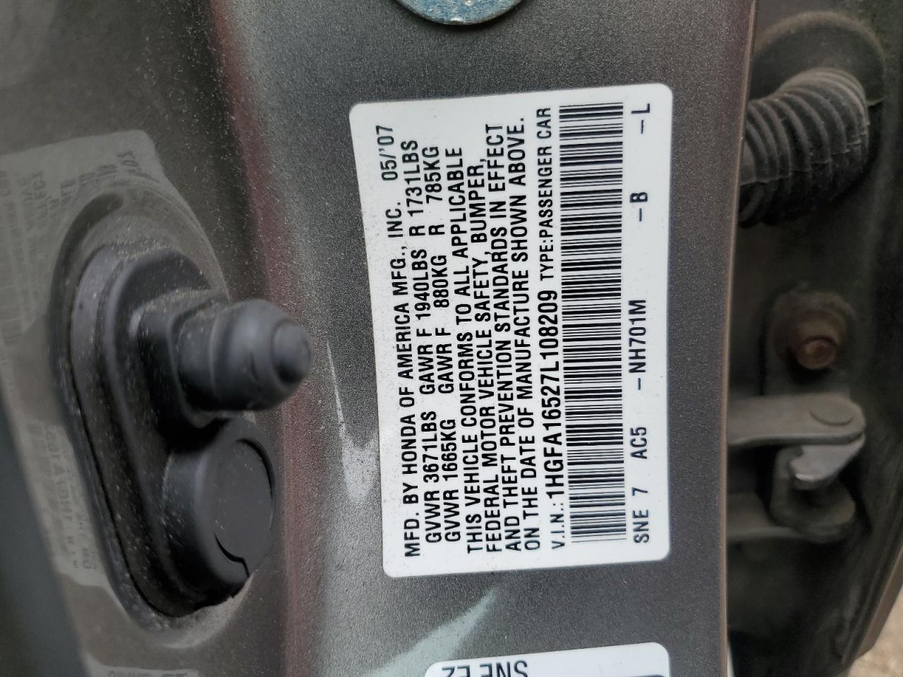 2007 Honda Civic Lx VIN: 1HGFA16527L108209 Lot: 64667135