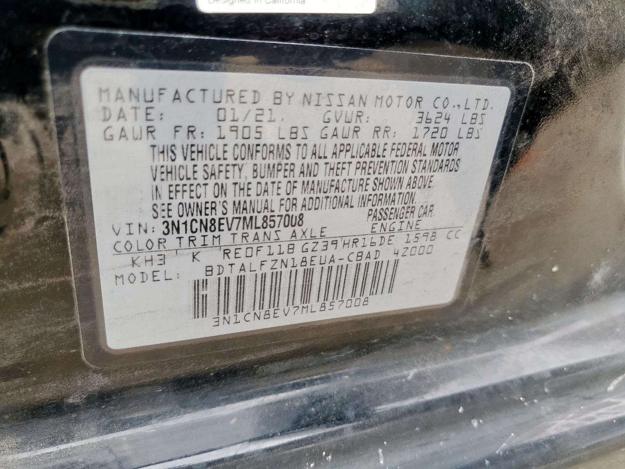 2021 Nissan Versa Sv VIN: 3N1CN8EV7ML857008 Lot: 65501275