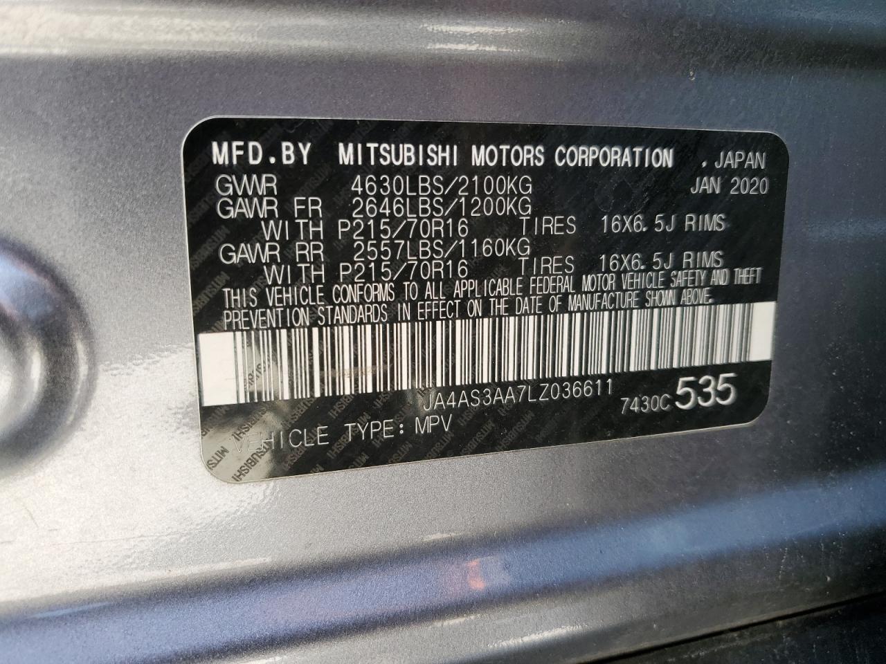 2020 Mitsubishi Eclipse Cross Es VIN: JA4AS3AA7LZ036611 Lot: 65346225