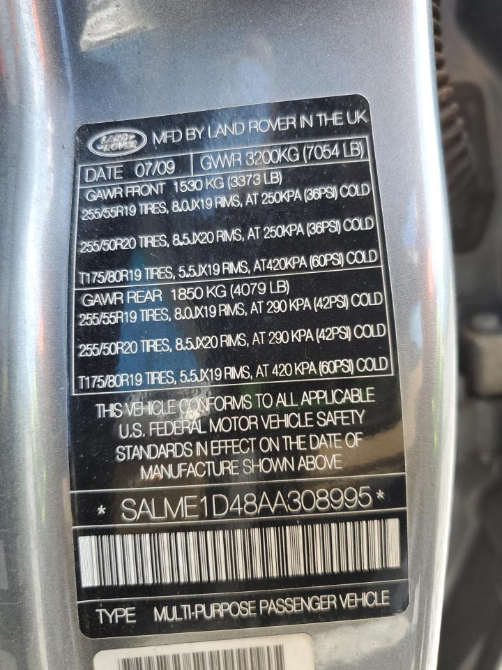 2010 Land Rover Range Rover Hse VIN: SALME1D48AA308995 Lot: 66877345
