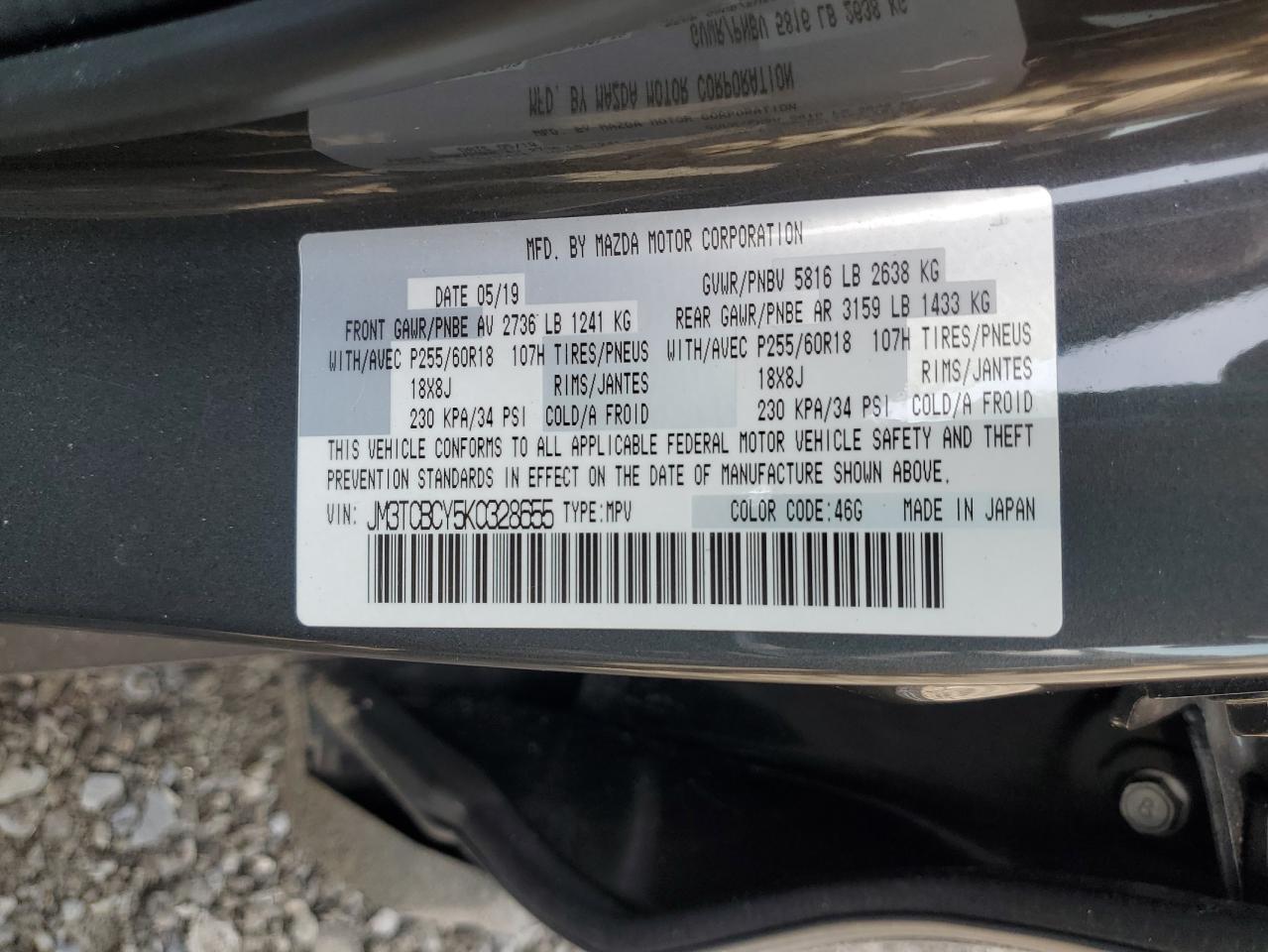 2019 Mazda Cx-9 Touring VIN: JM3TCBCY5K0328655 Lot: 64627255