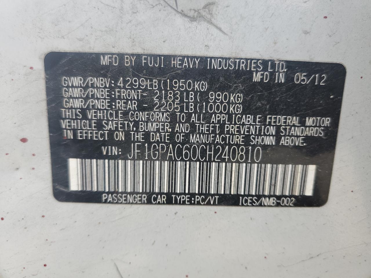 2012 Subaru Impreza Premium VIN: JF1GPAC60CH240810 Lot: 62688245