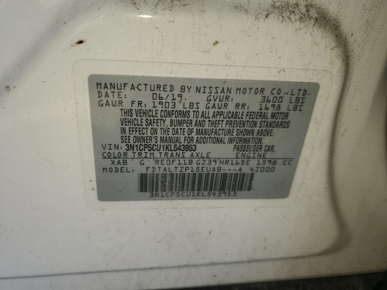 2019 Nissan Kicks S VIN: 3N1CP5CU1KL543953 Lot: 62689225