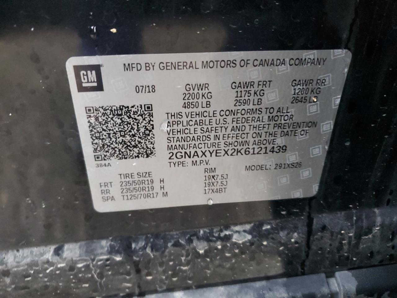 2GNAXYEX2K6121439 2019 Chevrolet Equinox Premier