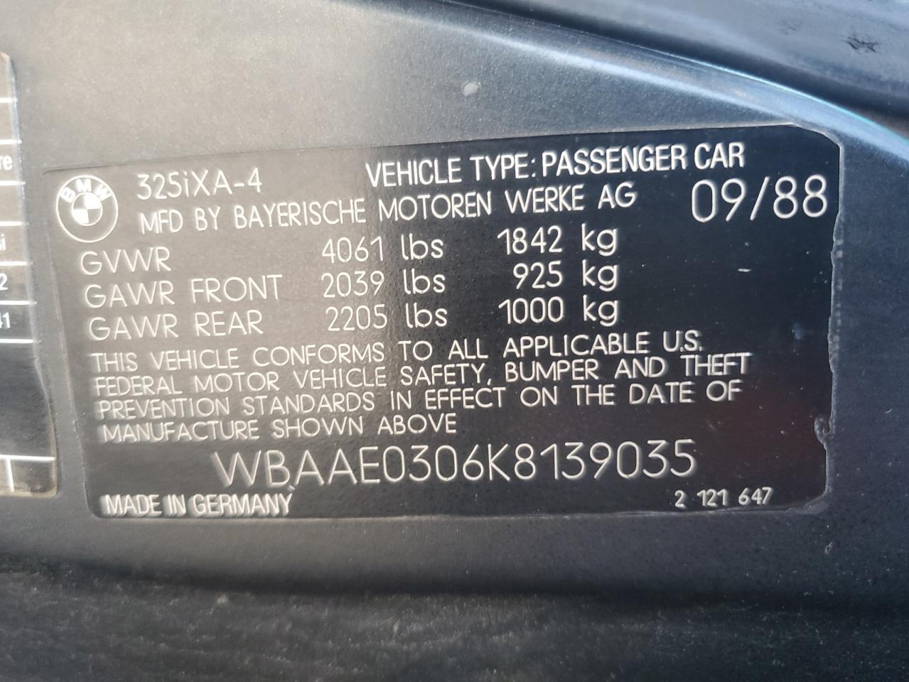 1989 BMW 325 Ix Automatic VIN: WBAAE0306K8139035 Lot: 62064725