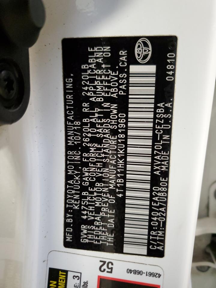 2019 Toyota Camry L VIN: 4T1B11HK1KU181960 Lot: 63915305