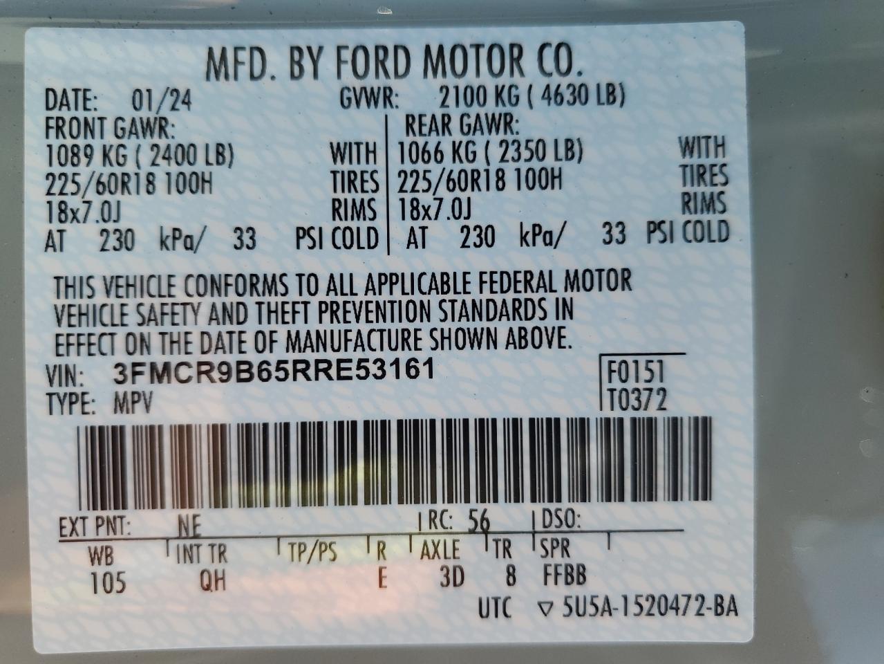 2024 Ford Bronco Sport Big Bend VIN: 3FMCR9B65RRE53161 Lot: 63667605