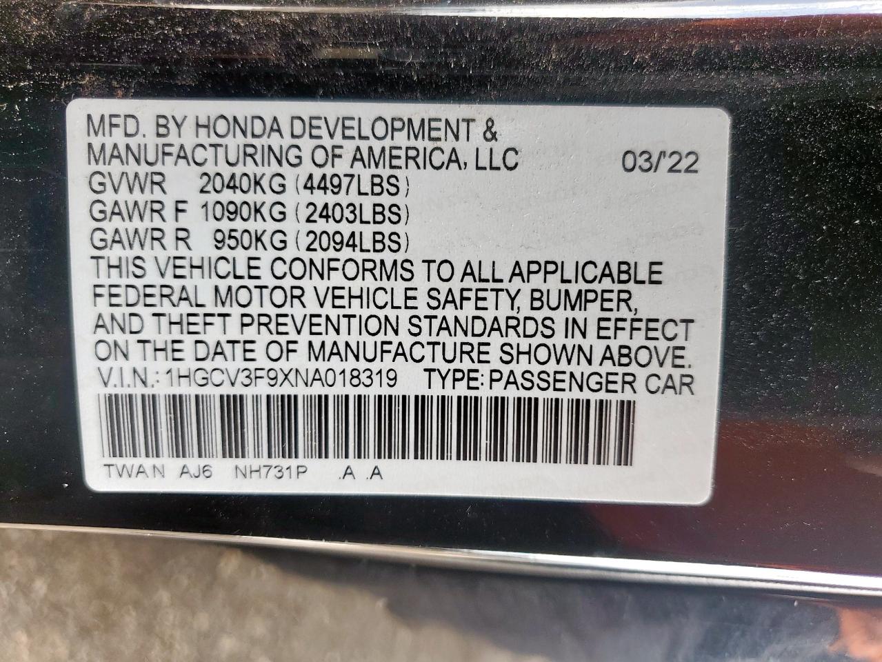 2022 Honda Accord Touring Hybrid VIN: 1HGCV3F9XNA018319 Lot: 64042185