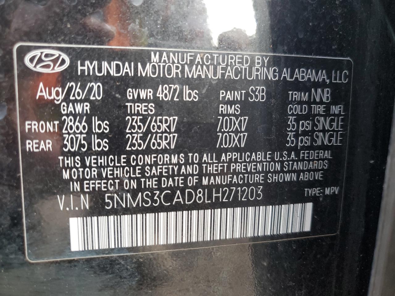 2020 Hyundai Santa Fe Sel VIN: 5NMS3CAD8LH271203 Lot: 62035635