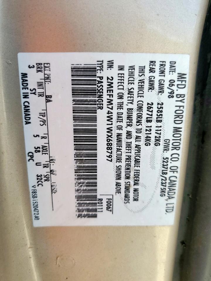 1998 Mercury Grand Marquis Gs VIN: 2MEFM74W1WX688797 Lot: 65945755