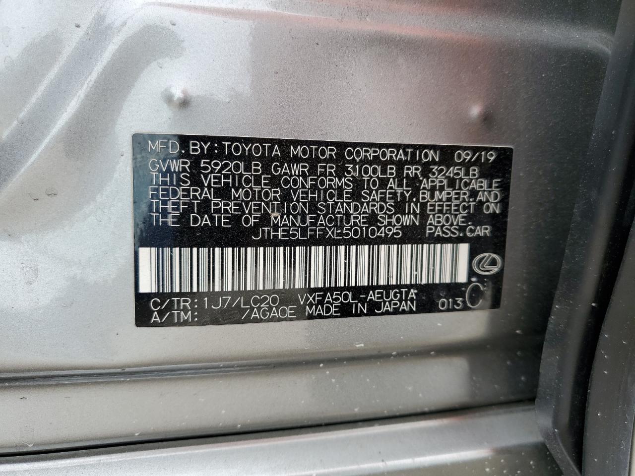 2020 Lexus Ls 500 VIN: JTHE5LFFXL5010495 Lot: 62552375