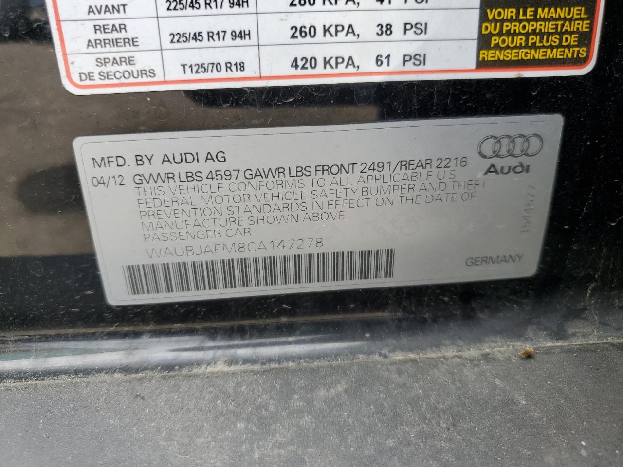 2012 Audi A3 Premium VIN: WAUBJAFM8CA147278 Lot: 64320155