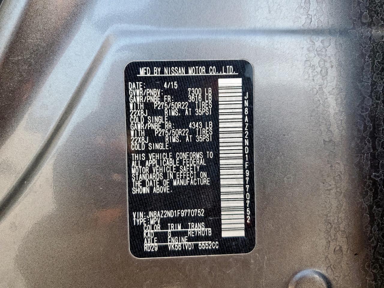 2015 Infiniti Qx80 VIN: JN8AZ2ND1F9770752 Lot: 65570305