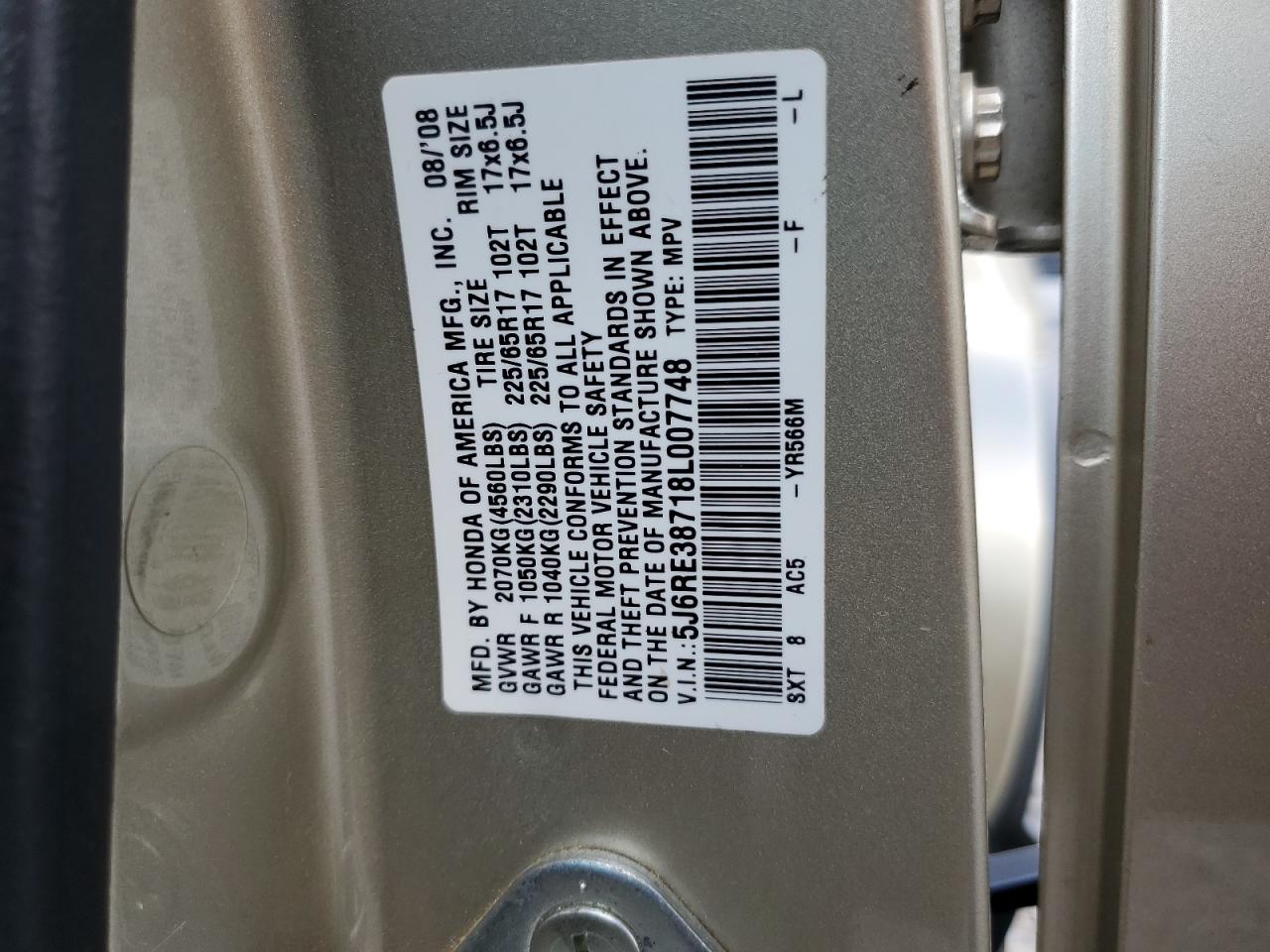 2008 Honda Cr-V Exl VIN: 5J6RE38718L007748 Lot: 64250365