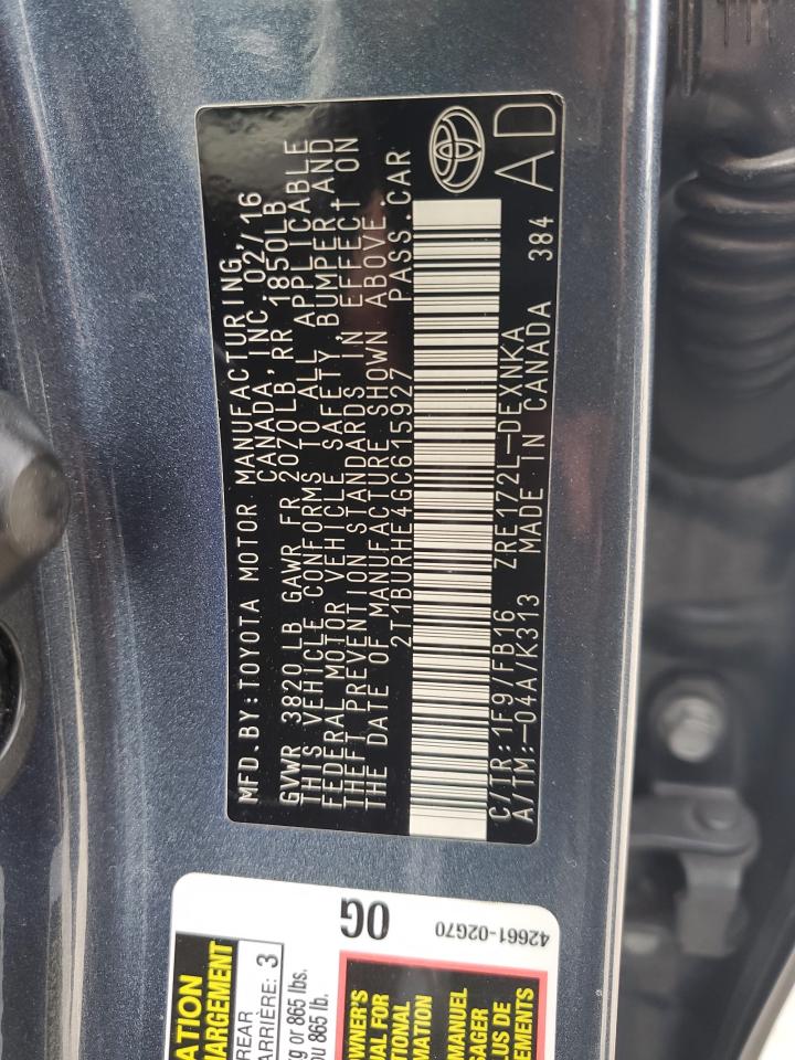 2016 Toyota Corolla L VIN: 2T1BURHE4GC615927 Lot: 63991695