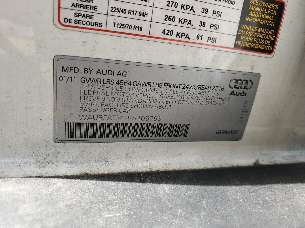 2011 Audi A3 Premium VIN: WAUBFAFM1BA105793 Lot: 63248545