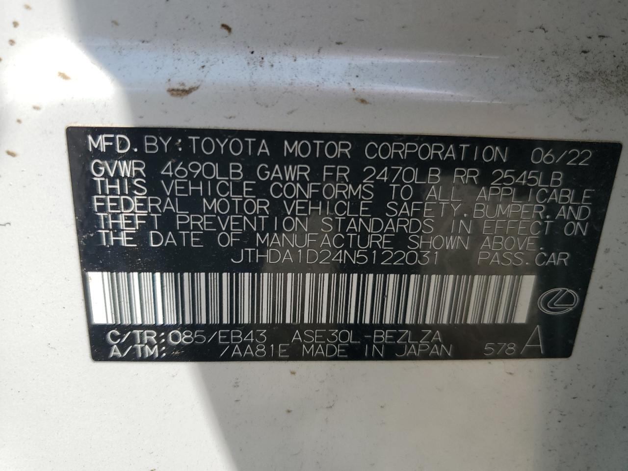 2022 Lexus Is 300 VIN: JTHDA1D24N5122031 Lot: 63399475